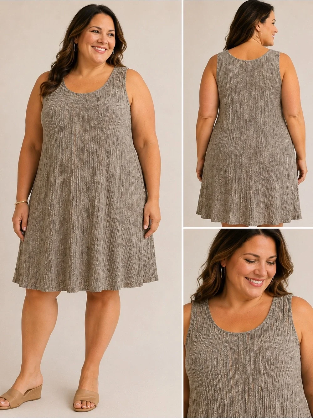 R&M Richards Women’s 14W Textured Sleeveless Swing Dress Taupe Beige NWT - Picture 3 of 11